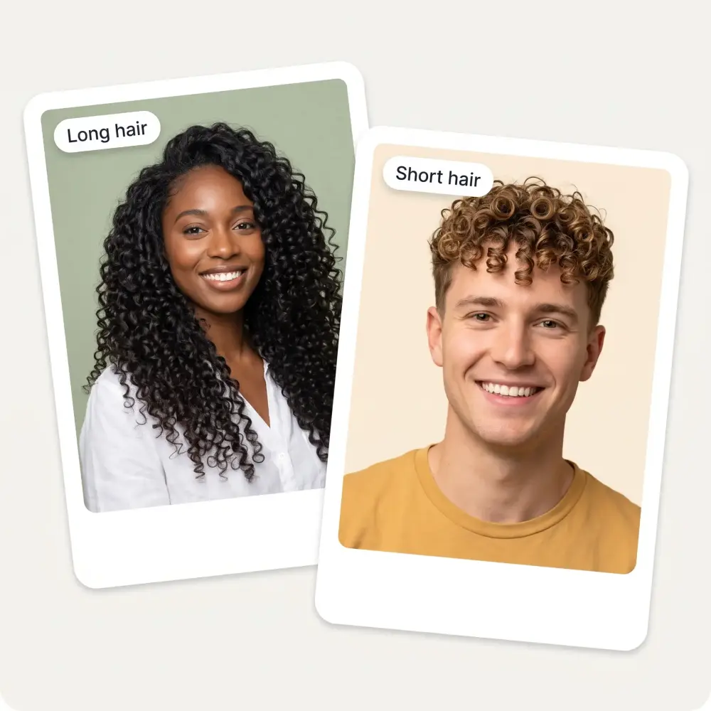 Two perm previews side by side: long spiral-permed hair on a woman and a short men's perm with tapered sides