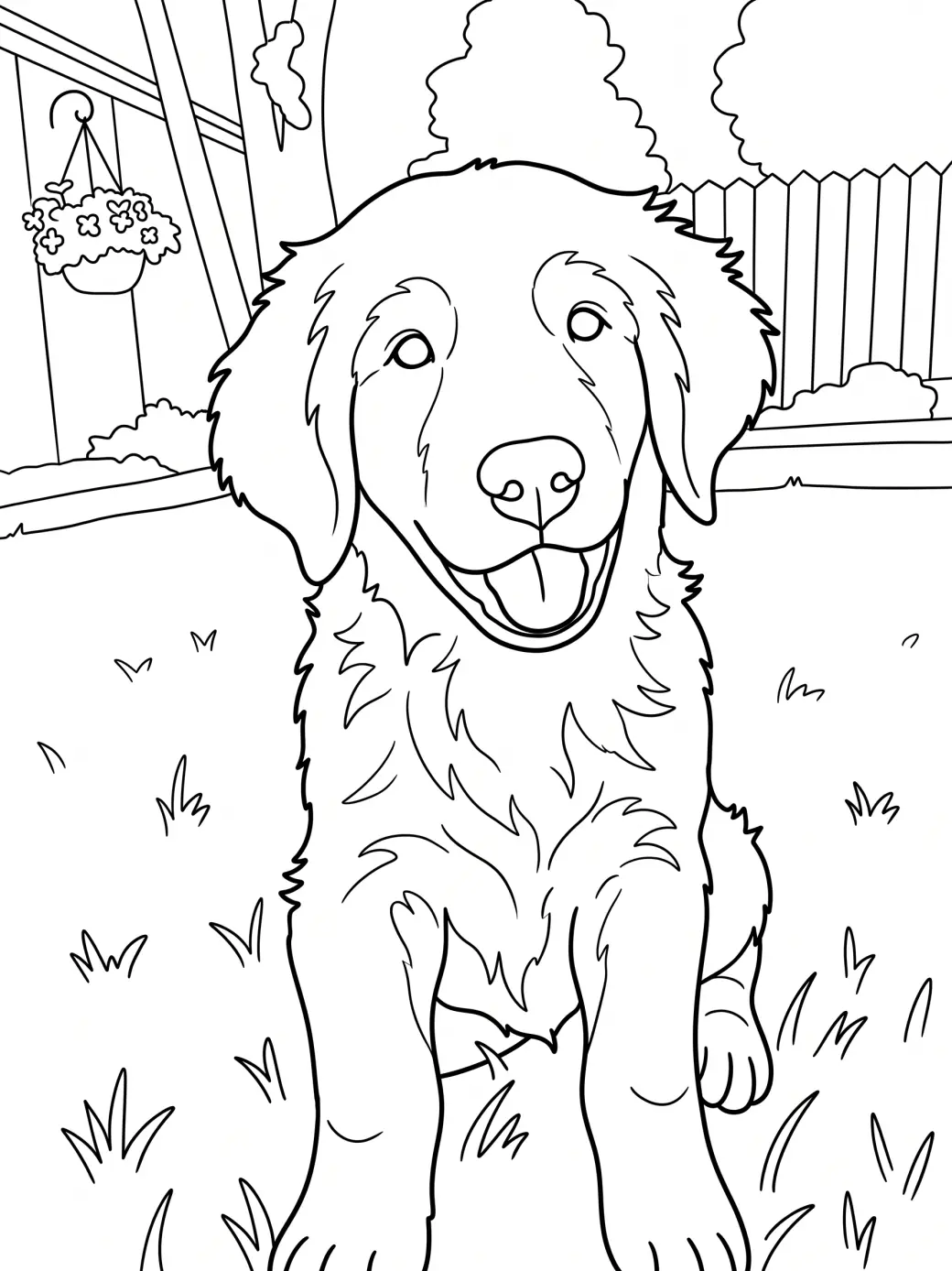 The same puppy as a printable black-outline coloring page