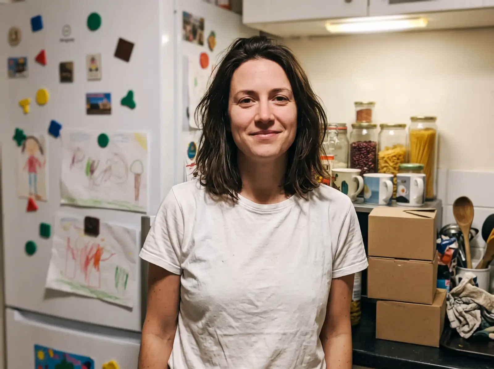 Casual phone photo of a woman standing in a cluttered home kitchen, before the background was changed