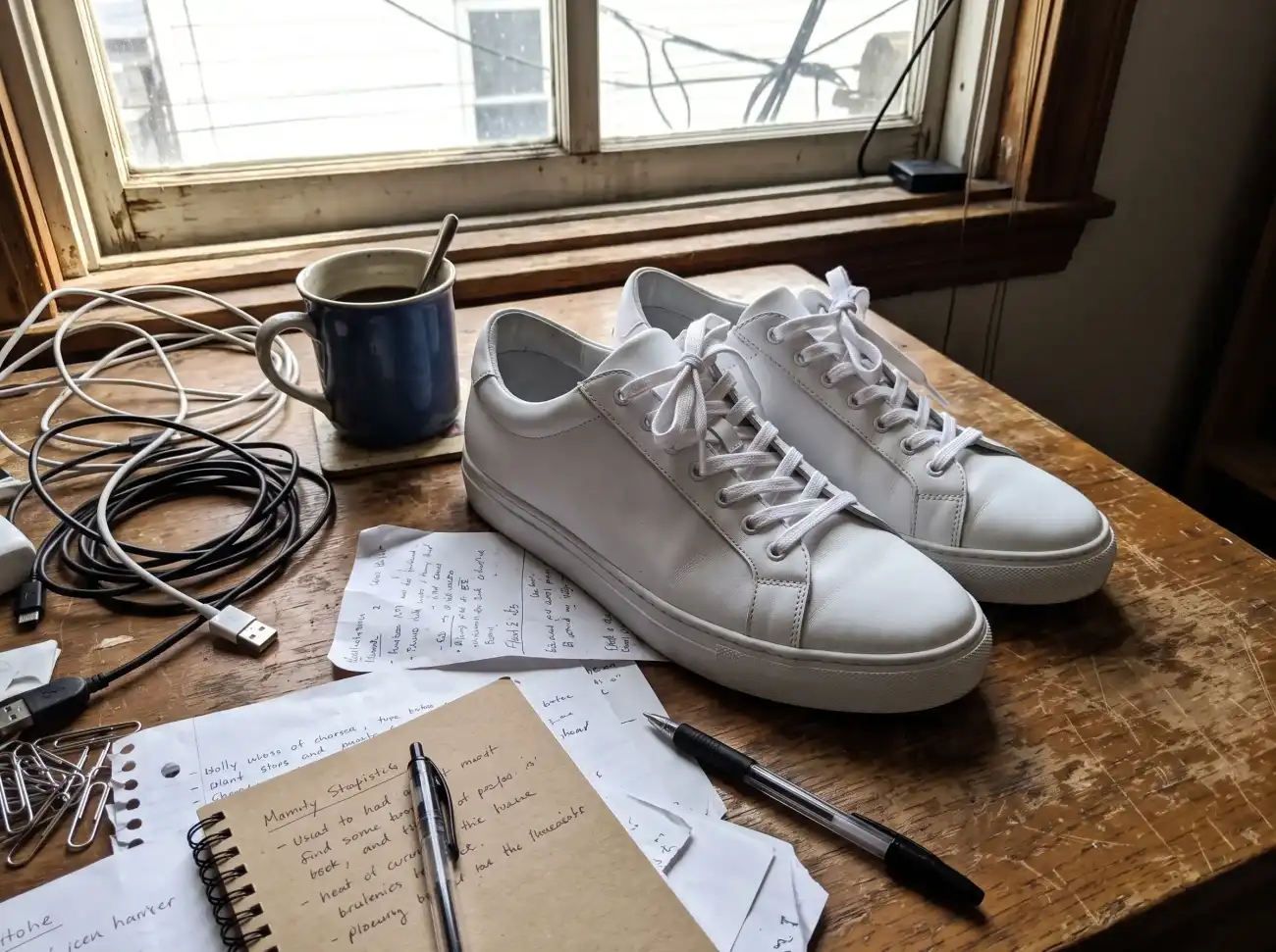 White sneakers photographed on a messy desk covered in papers and cables