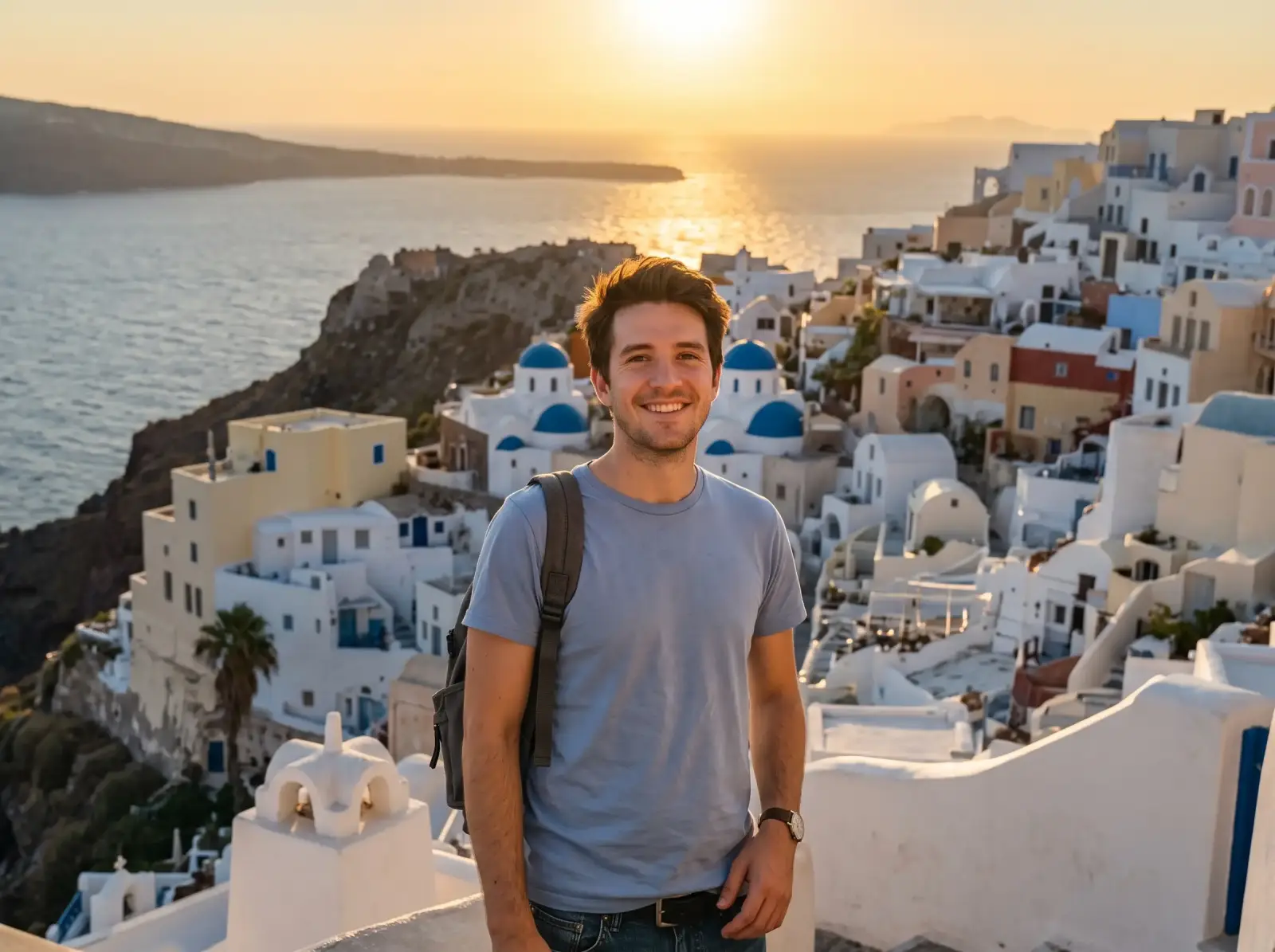 The same man in front of a Santorini clifftop at sunset after the background swap