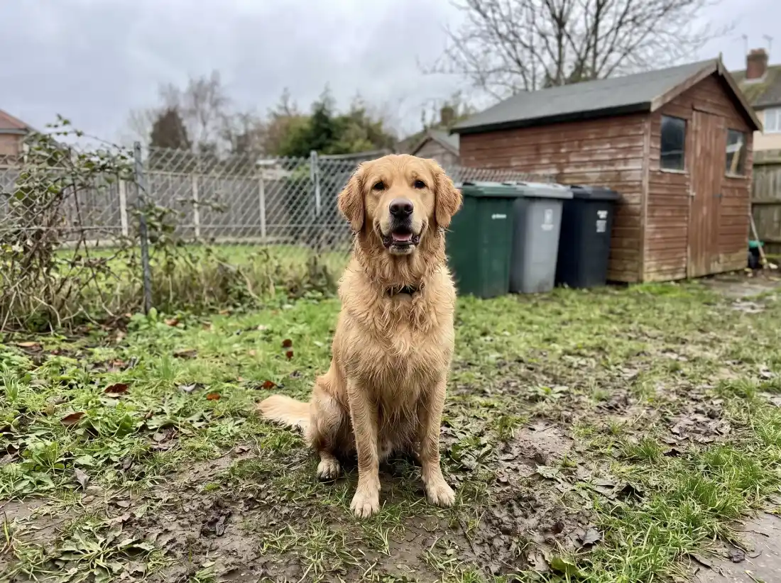 A golden retriever sitting on a muddy lawn in front of a shed and wheelie bins