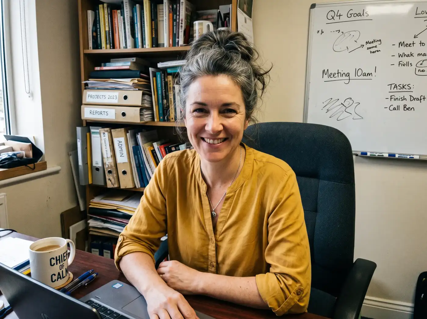 A woman at an office desk with a cluttered bookshelf and whiteboard behind her