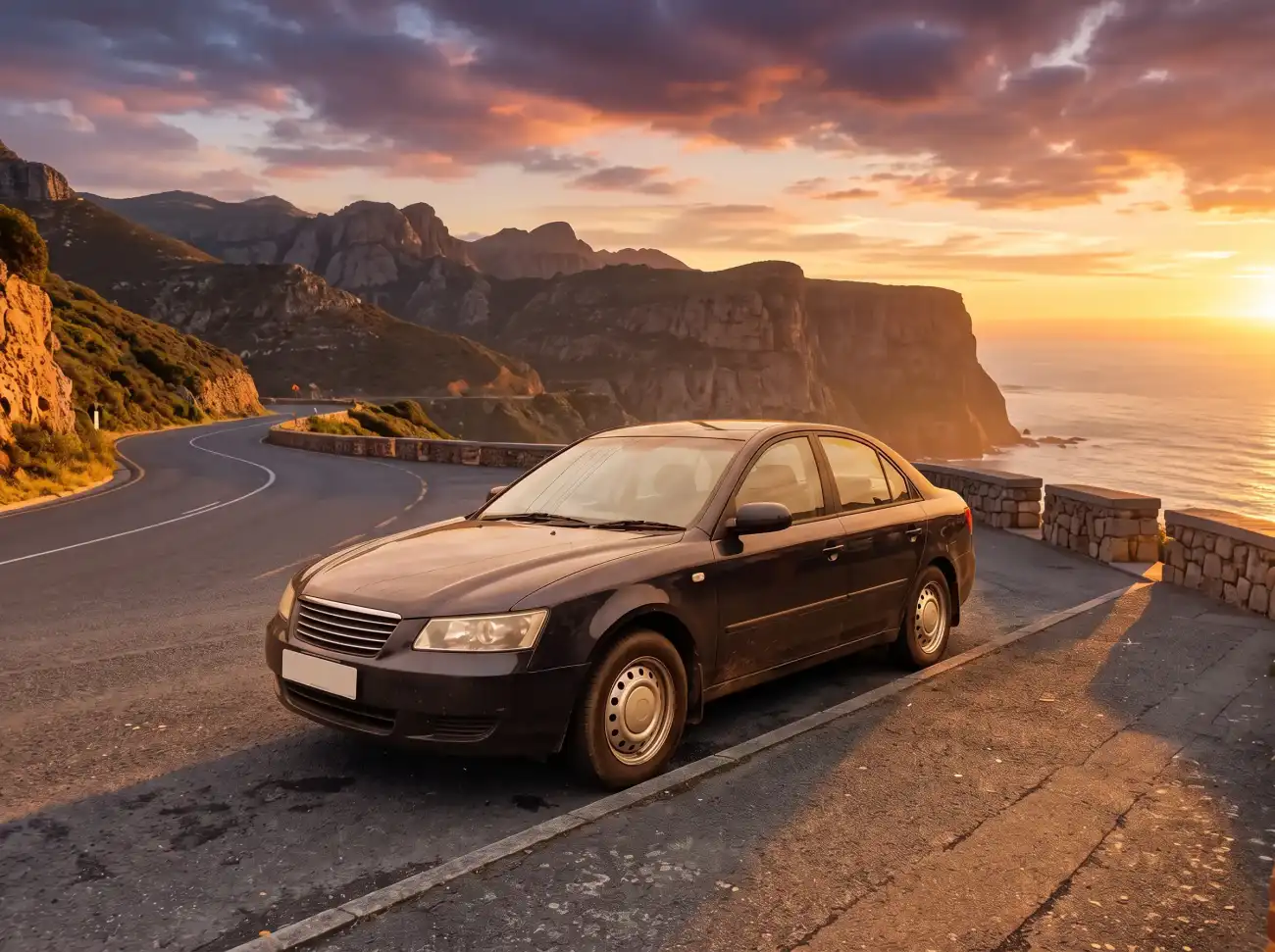 The same car on a coastal mountain road at sunset