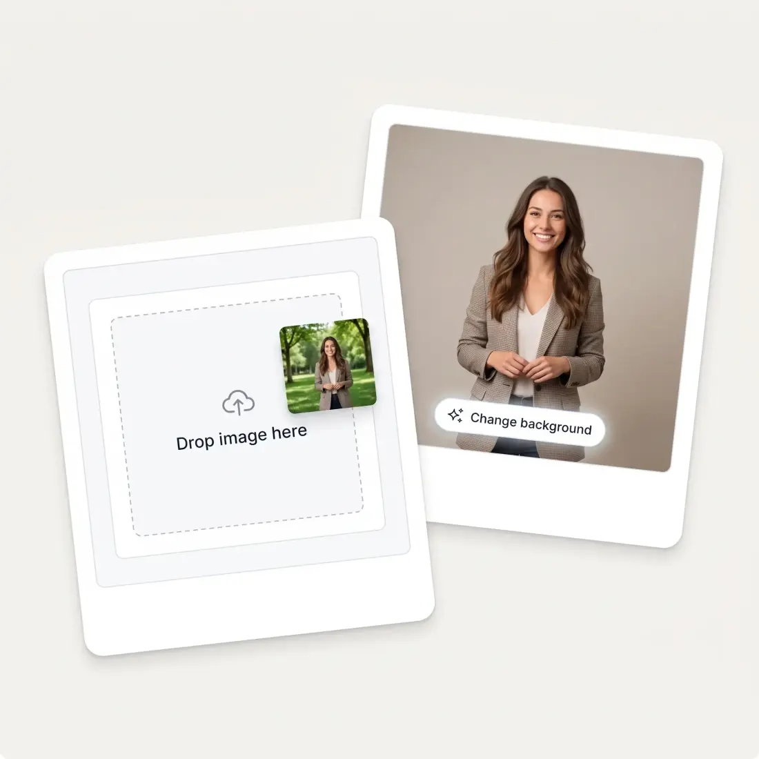 An upload panel with a photo being dropped in, next to the same photo on a new studio background