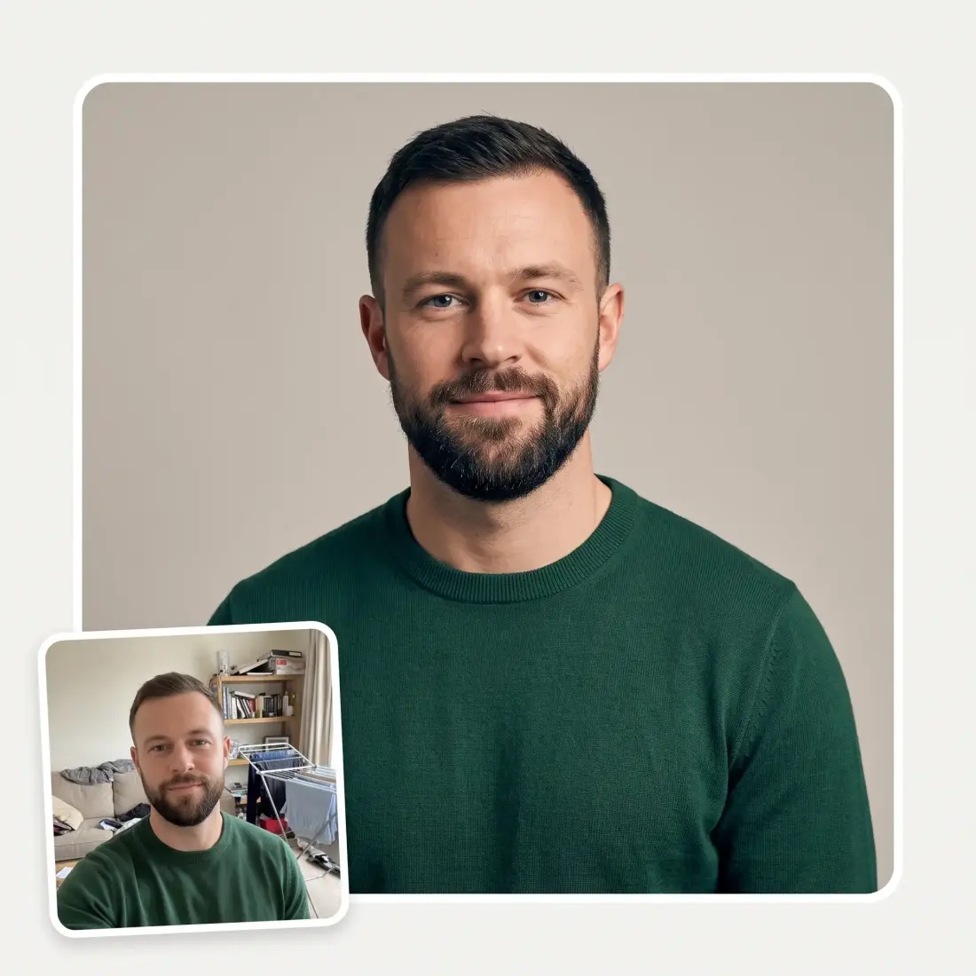 A man photographed in a cluttered living room and the same shot on a clean studio backdrop