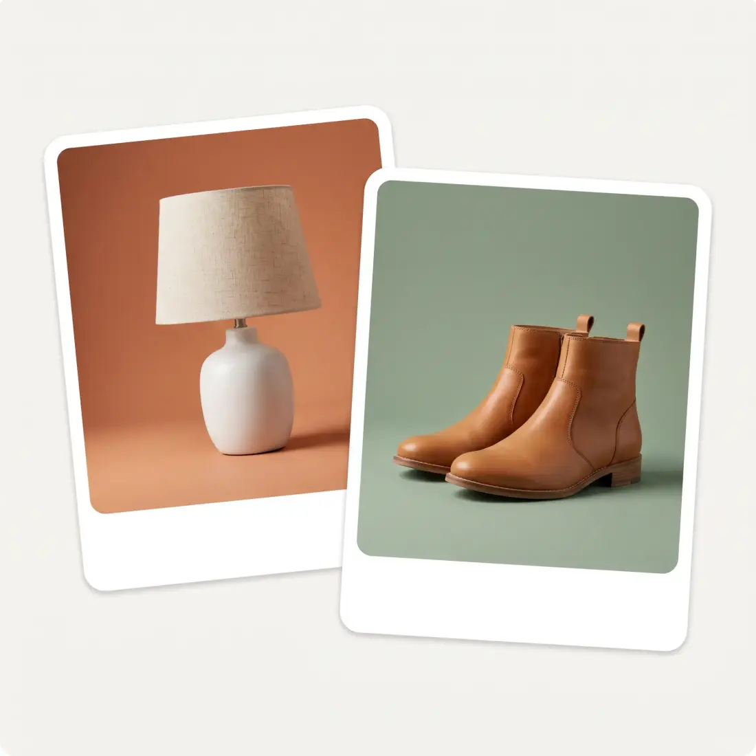 A table lamp on a terracotta backdrop and leather boots on a sage-green backdrop