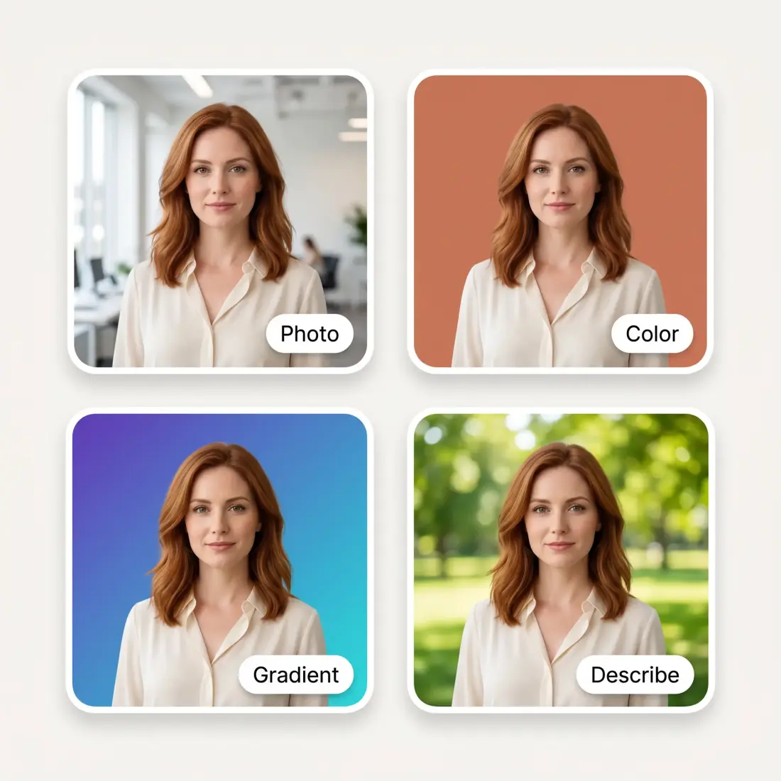 The same portrait on four different backgrounds — an office photo, a solid colour, a gradient and a park scene