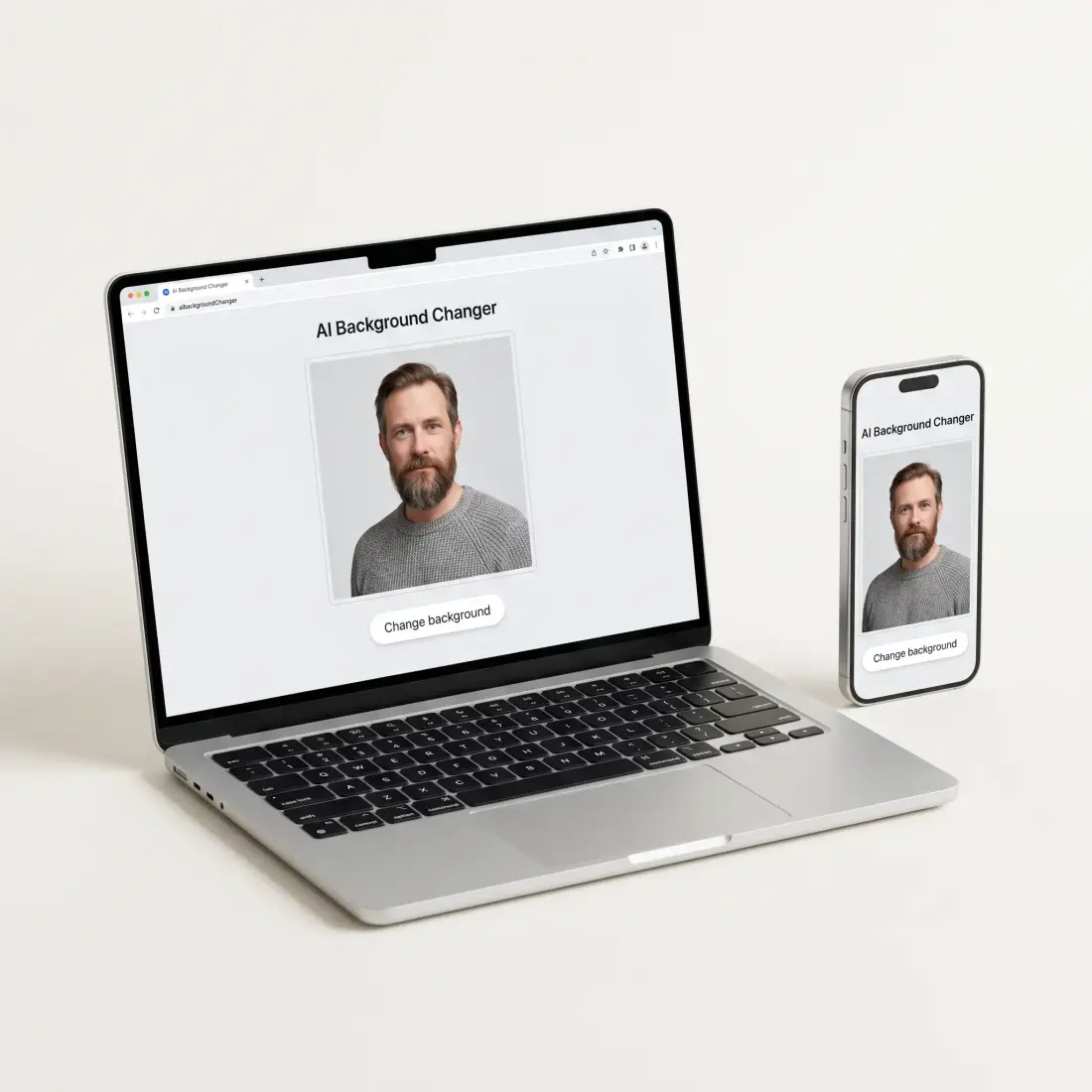 The AI background changer open on a laptop and a phone, both showing a portrait on a new studio backdrop
