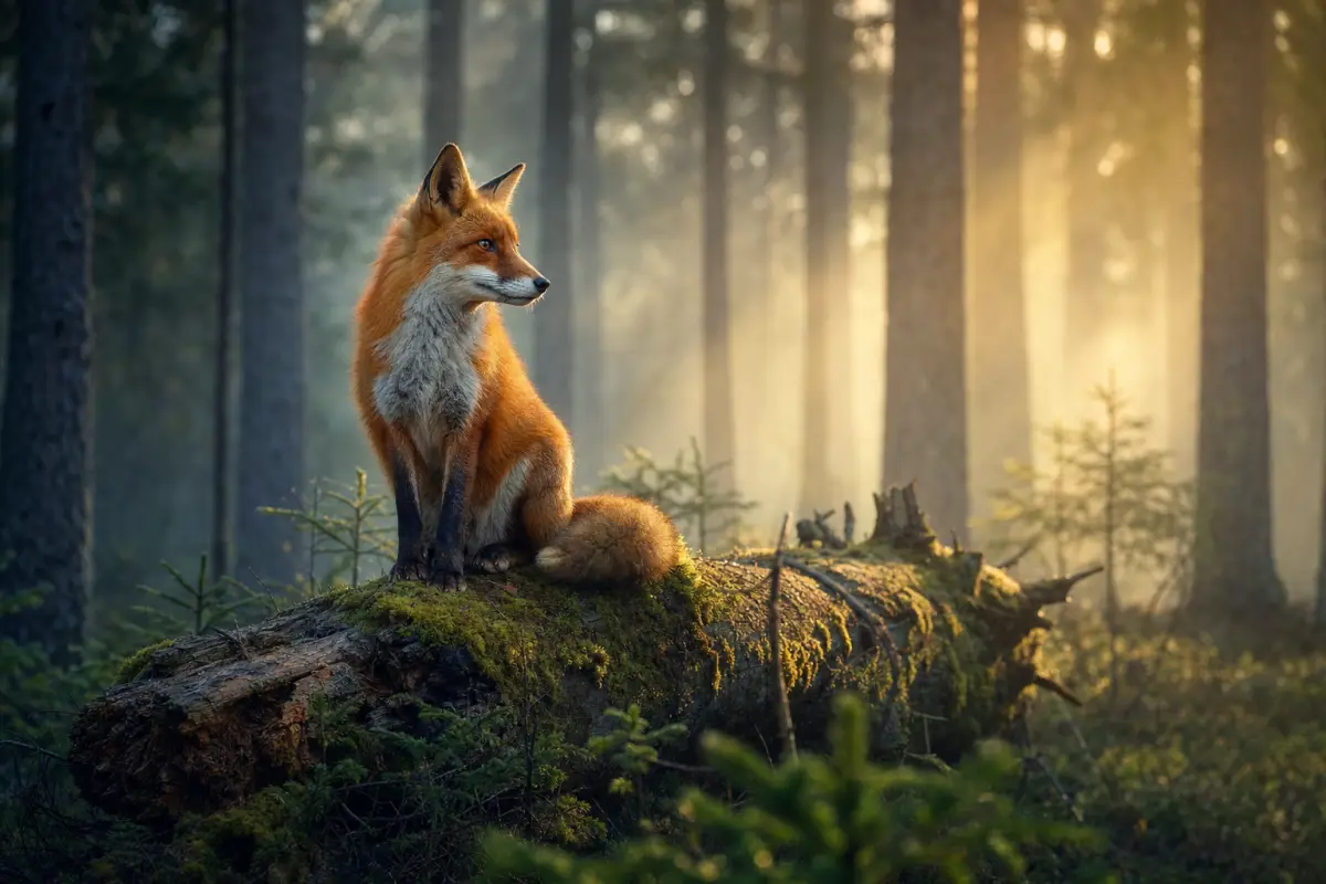 Example photo: a red fox on a mossy log in a misty forest
