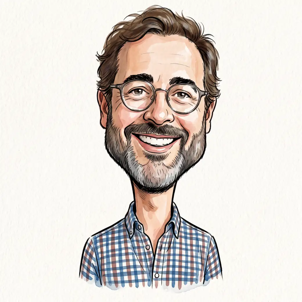 The same person drawn as an AI caricature