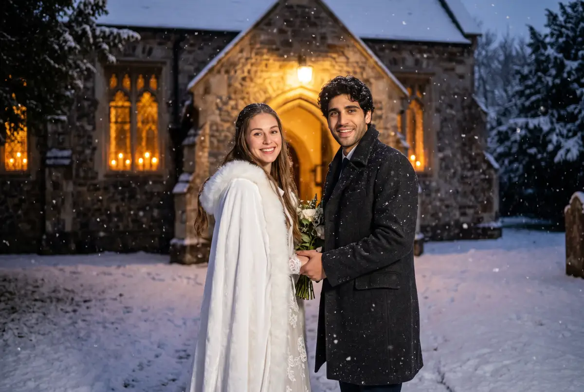 Example: Winter wedding photo made from the two portraits