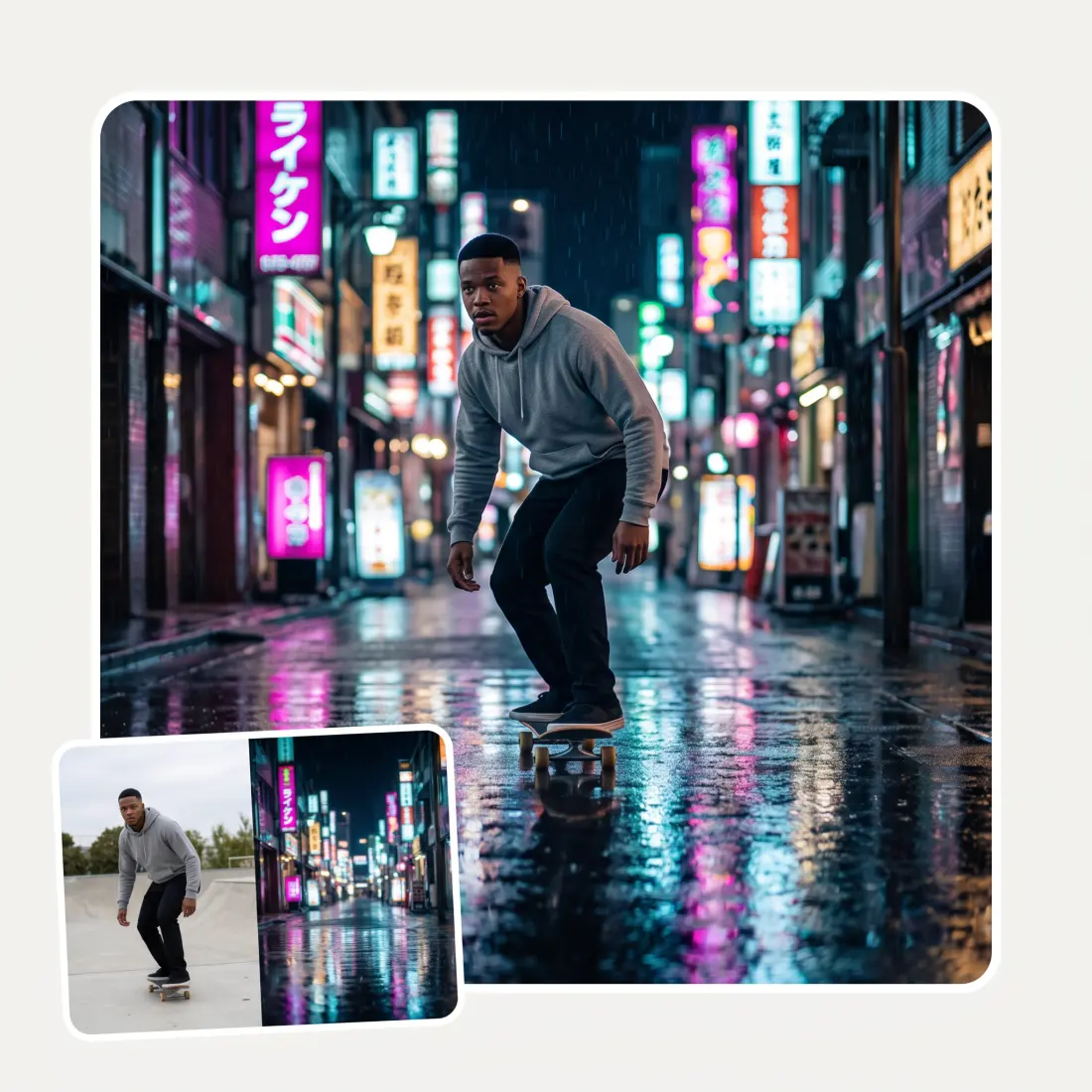 AI Video Combiner — two clips merged into one AI-generated shot