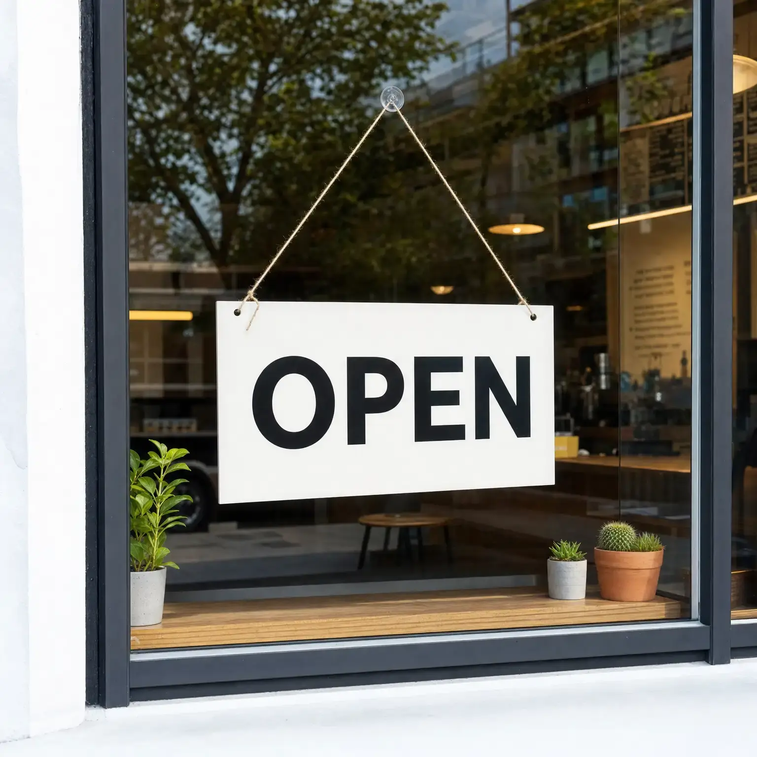 Shop sign reading OPEN before the AI text edit