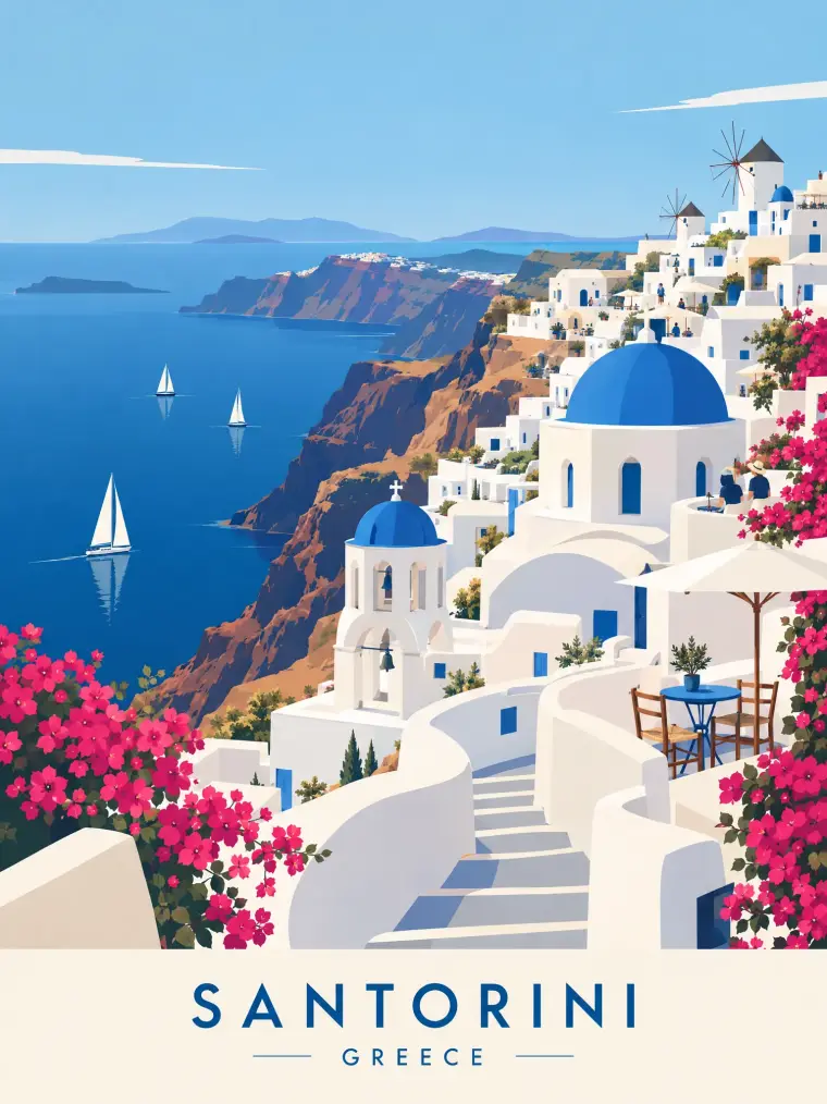 Flat vector travel poster of Santorini with white houses and blue domes
