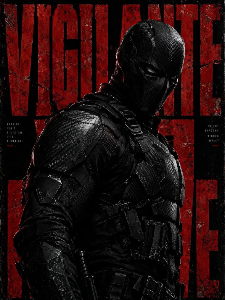 Noir poster of a masked vigilante in a black carbon-fiber suit on red stencil letters