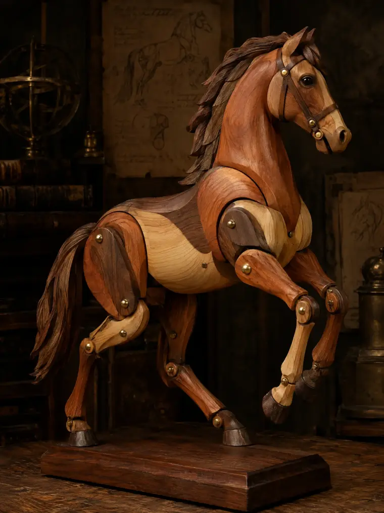 Hand-carved wooden automaton horse with brass joints in an antique studio