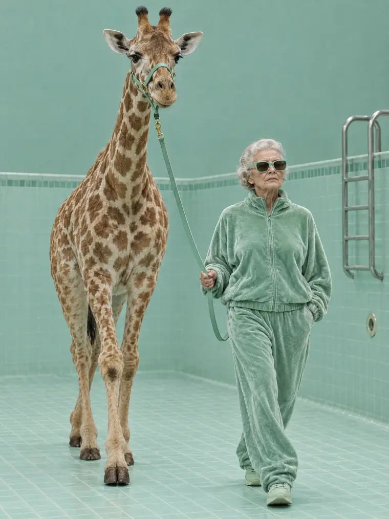 Elderly woman in a mint tracksuit walking a giraffe through an empty pool