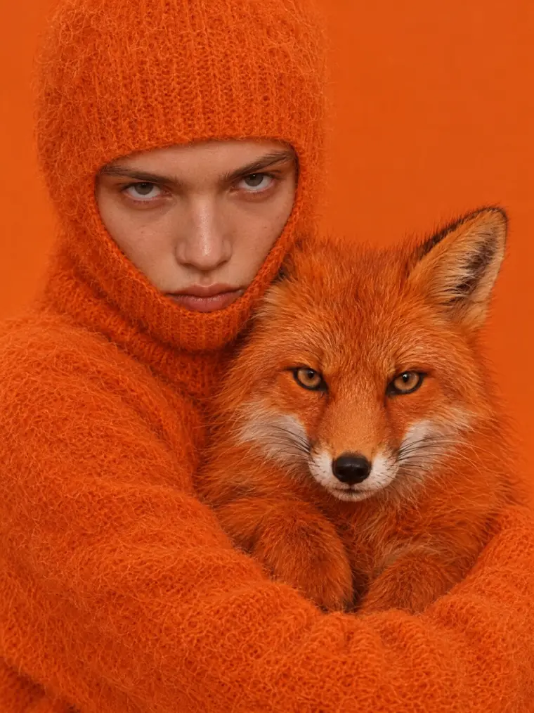 Man in a tangerine knit balaclava holding a red fox