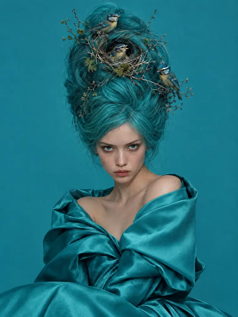 Woman with a turquoise beehive hairdo with songbirds nesting in it
