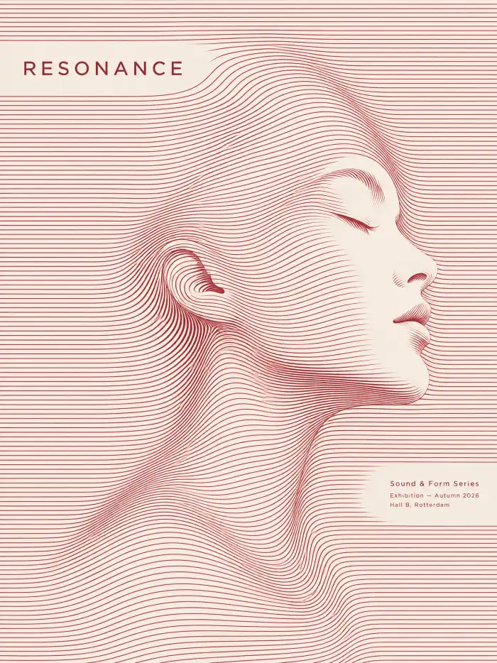 Op Art poster with a female profile formed by bending red lines
