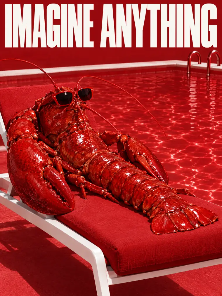 Lobster in sunglasses on a red pool deck under the headline Imagine Anything