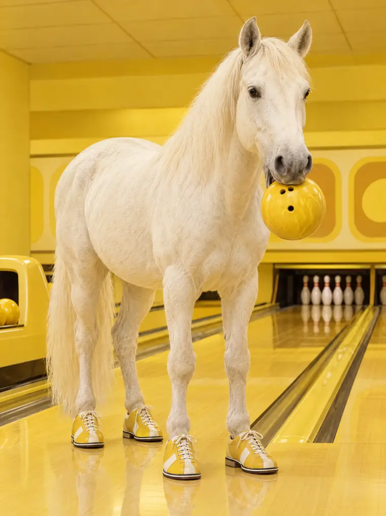 White horse in bowling shoes holding a bowling ball in a yellow bowling alley