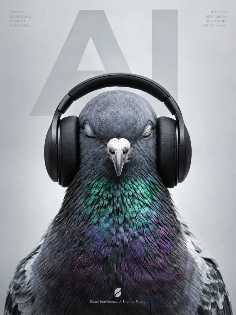 Pigeon wearing black headphones in a minimalist ad poster