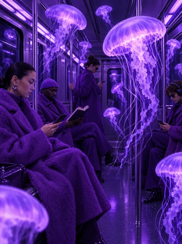 Glowing jellyfish floating through a violet subway car