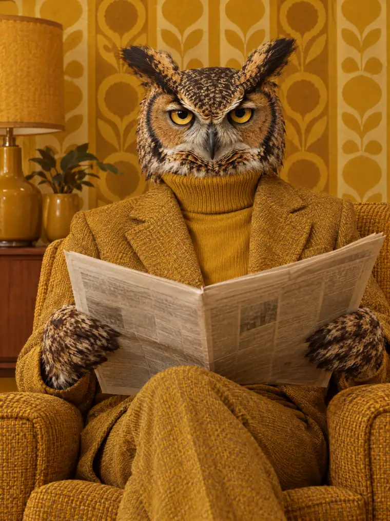 Owl in a mustard tweed suit reading a newspaper in an armchair