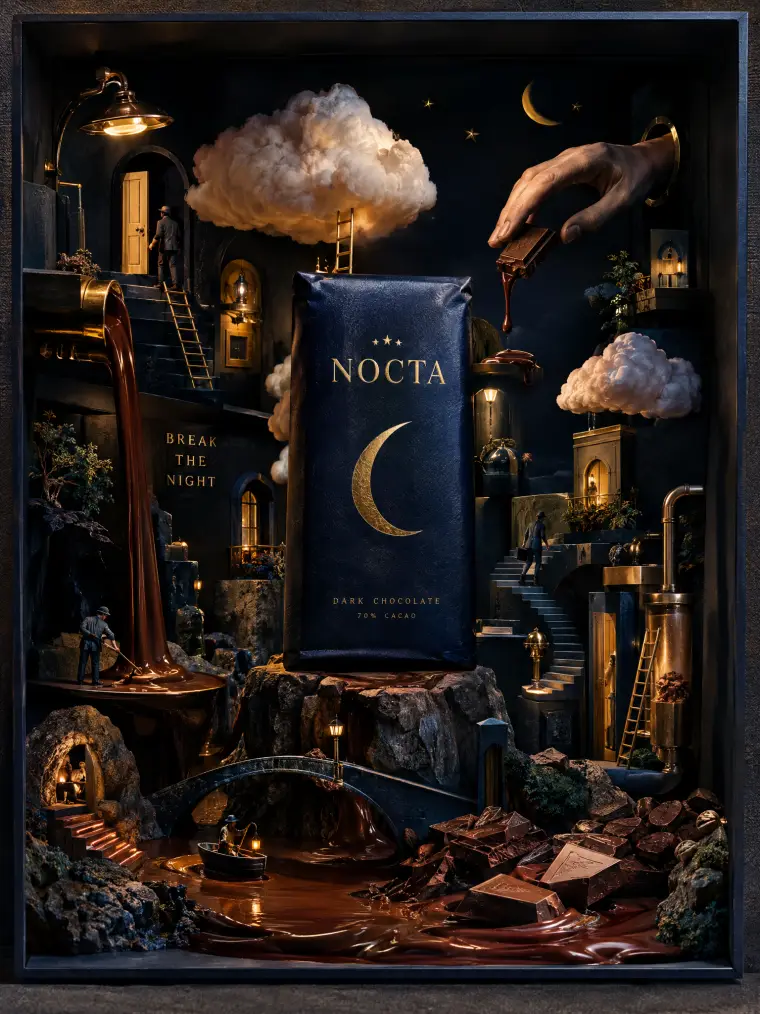 Miniature diorama ad for a dark chocolate bar with a chocolate river and tiny workers