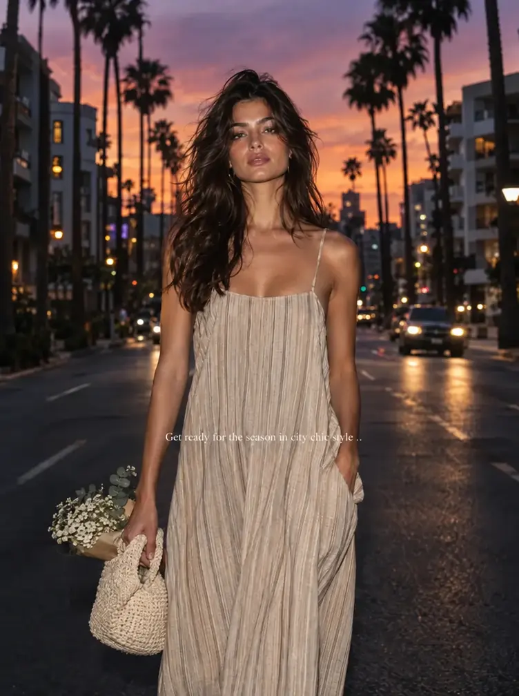 Fashion campaign photo of a woman in a striped summer dress on a palm-lined street at sunset