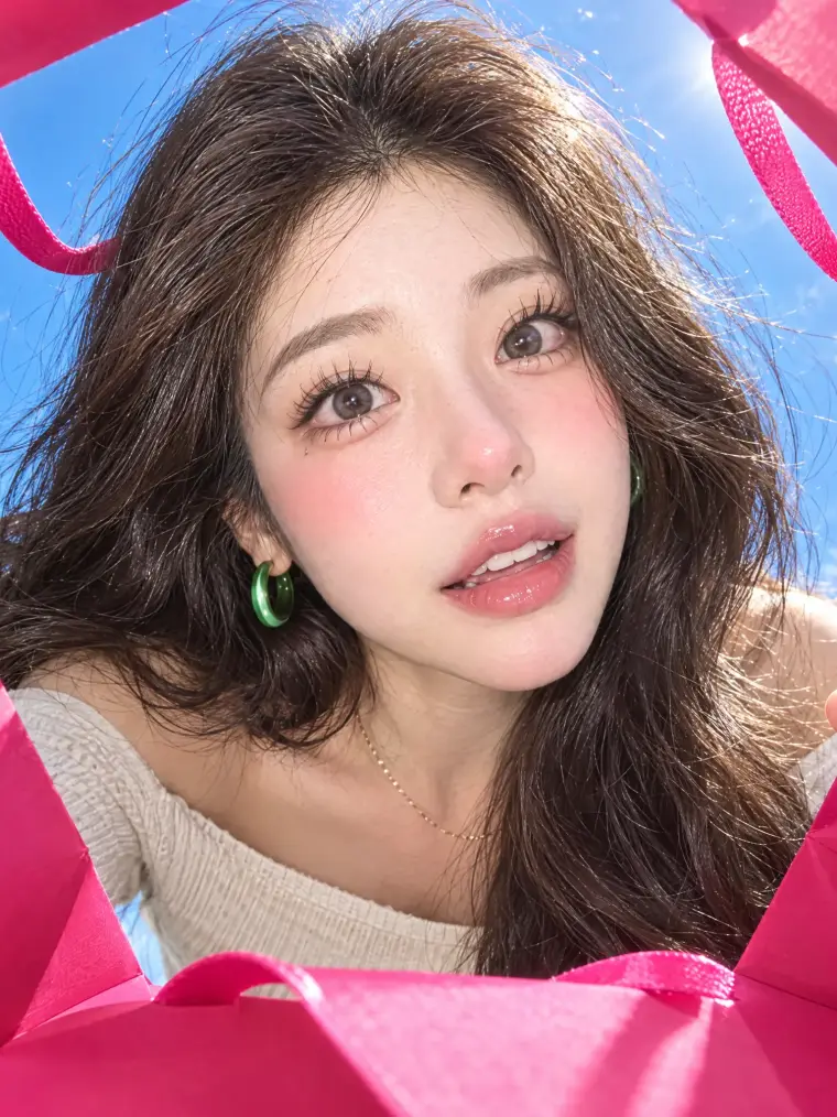 Woman peeking into a hot pink shopping bag, shot from inside the bag