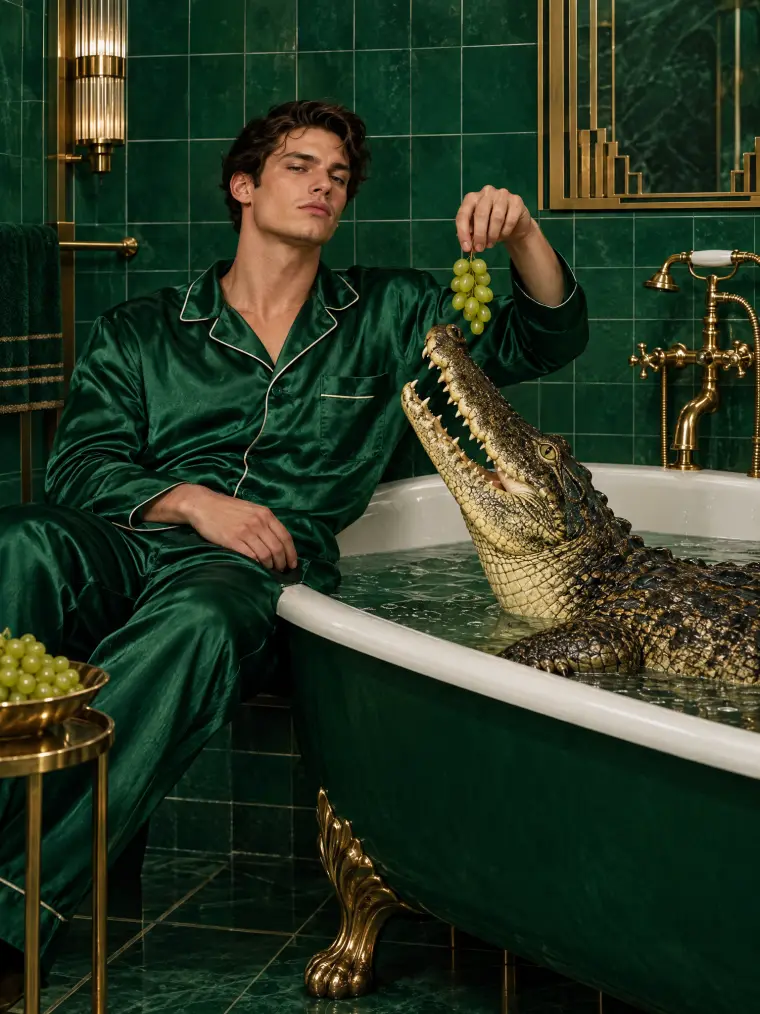 Man in emerald silk pajamas feeding grapes to a crocodile in a bathtub