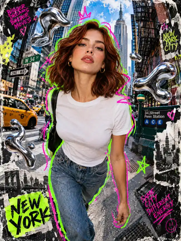 Mixed media collage of a woman walking through New York with neon scribbles and chrome shapes