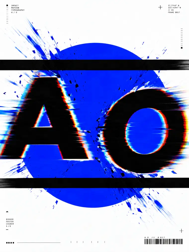Kinetic typography poster with a cobalt circle and glitched letters A and O