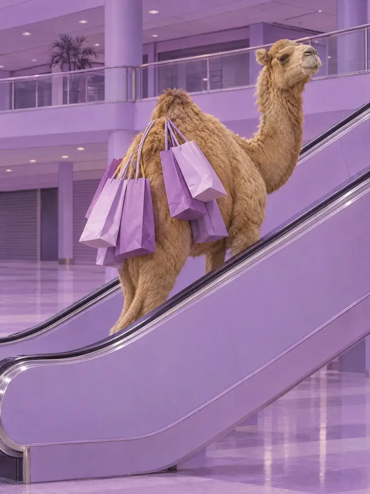 Camel with shopping bags riding an escalator in a lilac mall