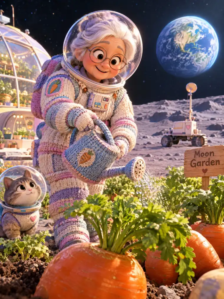 Pixar-style grandma astronaut watering giant carrots on the Moon