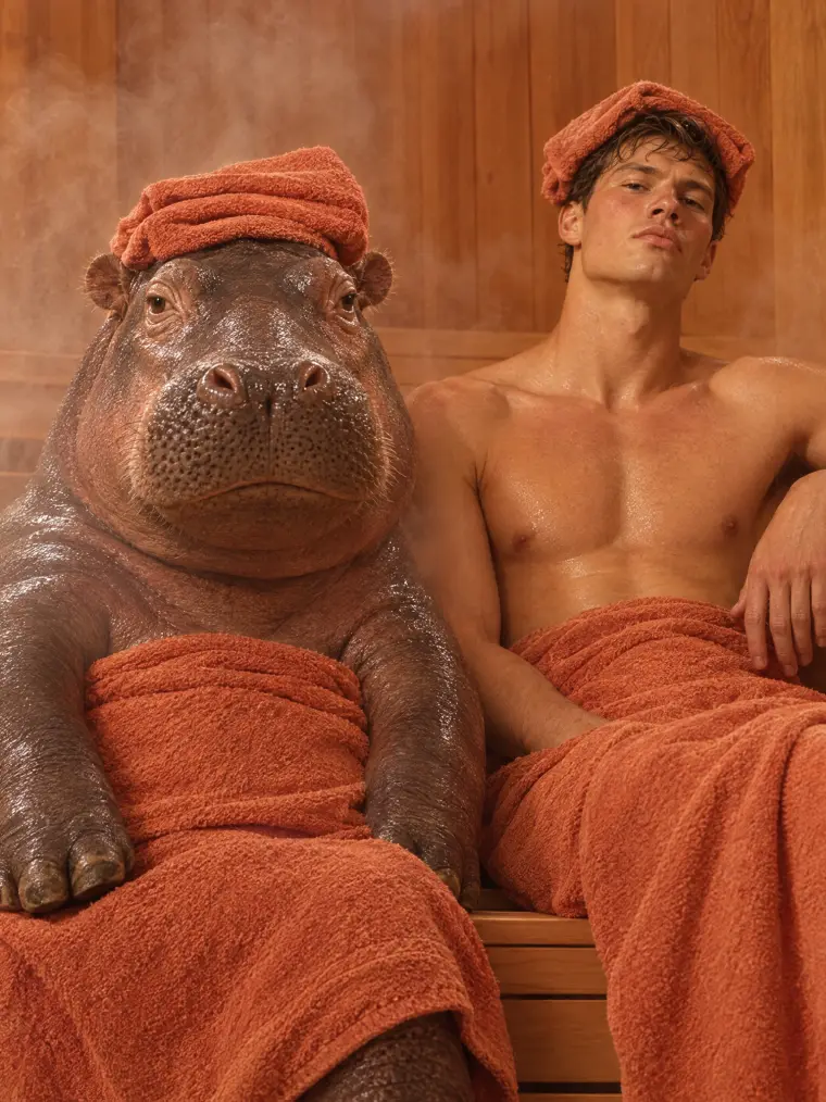 Hippo and a man in matching towels relaxing in a sauna