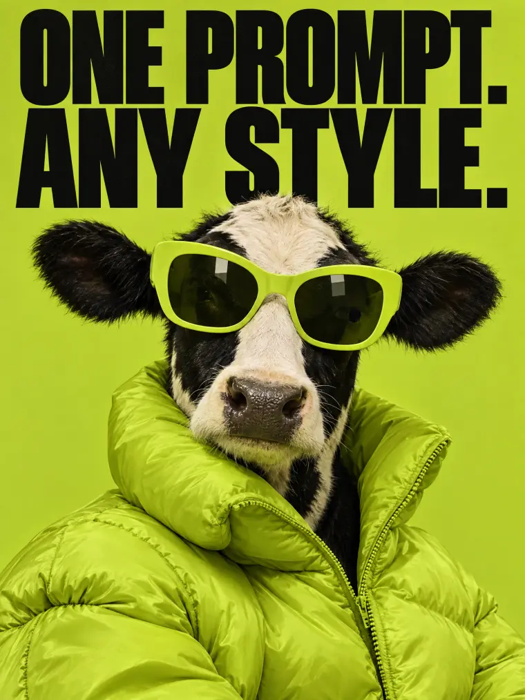Cow in chartreuse sunglasses and puffer jacket under the headline One Prompt. Any Style.