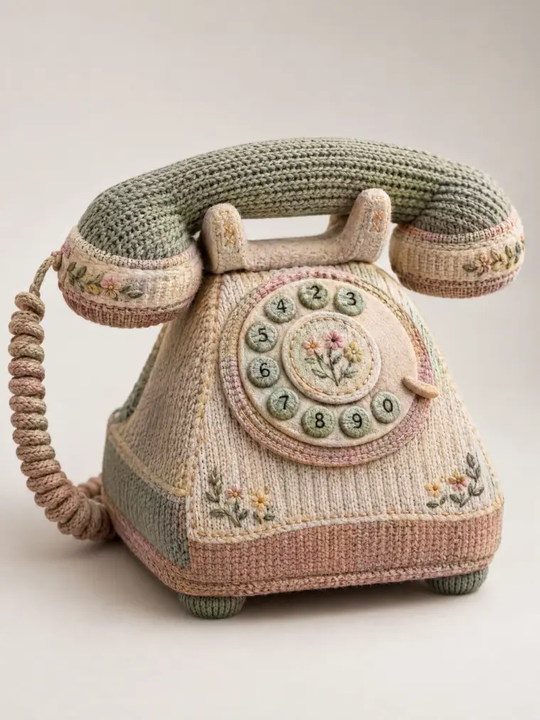 Knitted pastel textile sculpture of a vintage rotary telephone