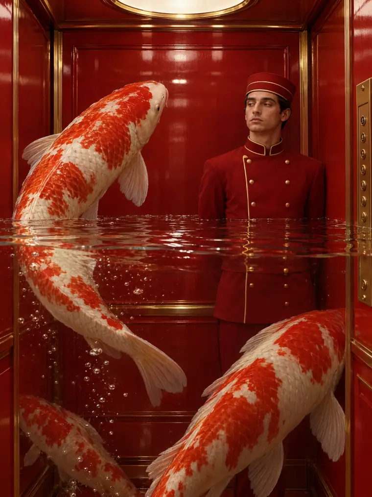 Koi fish swimming in a flooded red hotel elevator next to a bellboy