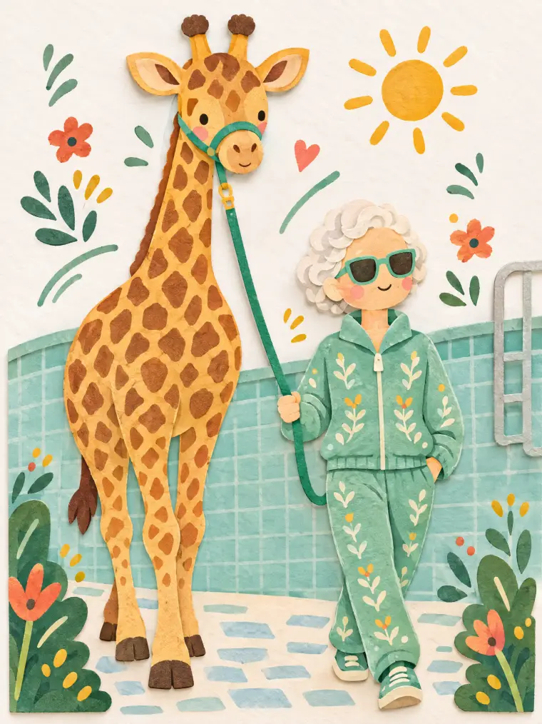Paper-cut folk illustration of a grandma walking a giraffe