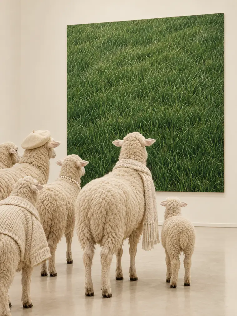 Sheep in a cream gallery looking at a painting of green grass