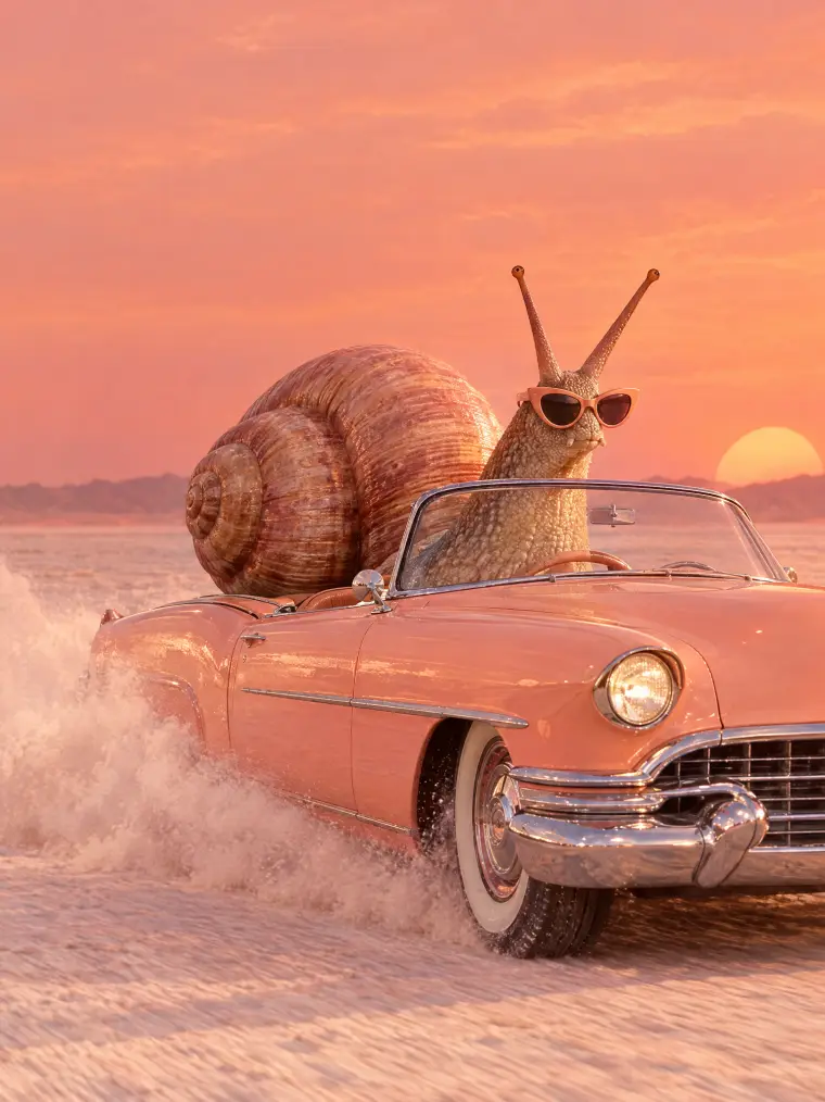 Snail in sunglasses driving a peach convertible across a salt flat