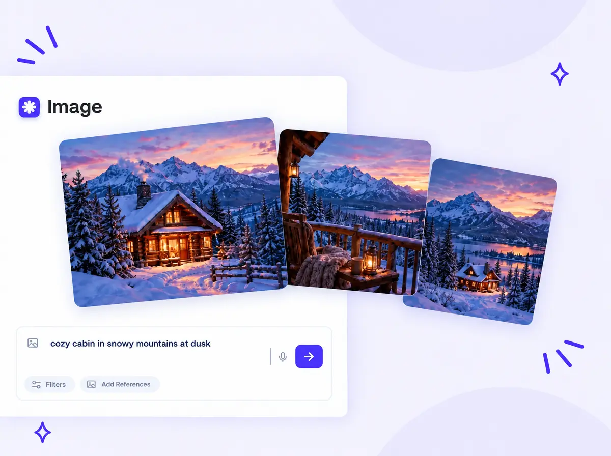 AI image generator composer with a text prompt and three generated images of a snowy mountain cabin