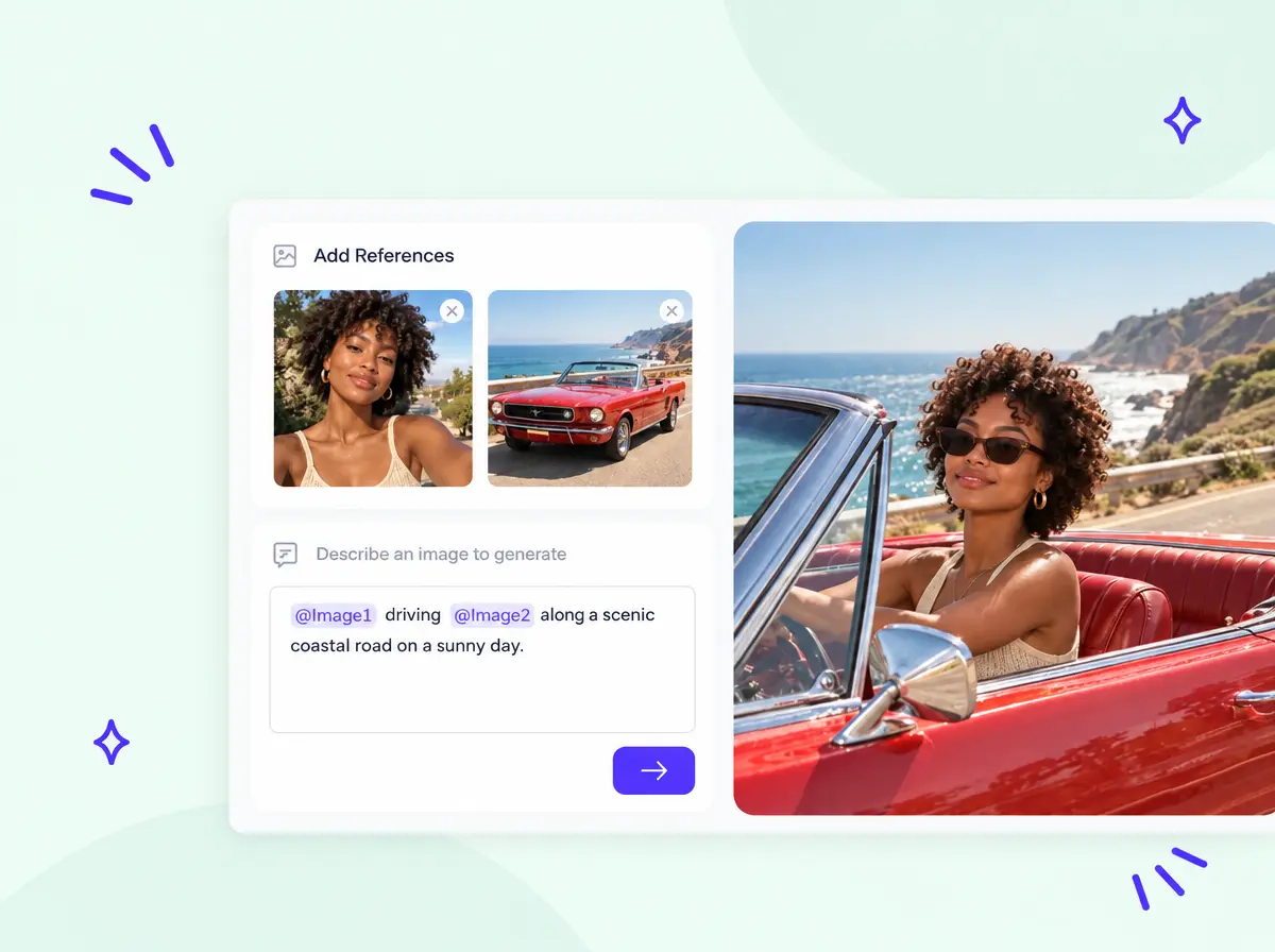 Two reference photos, a selfie and a red convertible, combined into one AI image of the woman driving the car