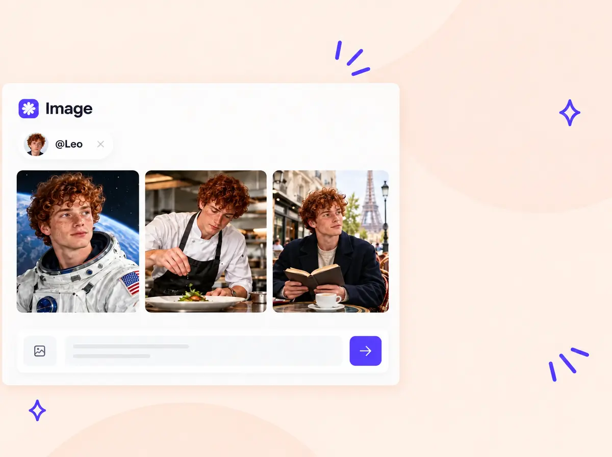 Saved AI character @Leo shown with the same face as an astronaut, a chef and in a Paris cafe