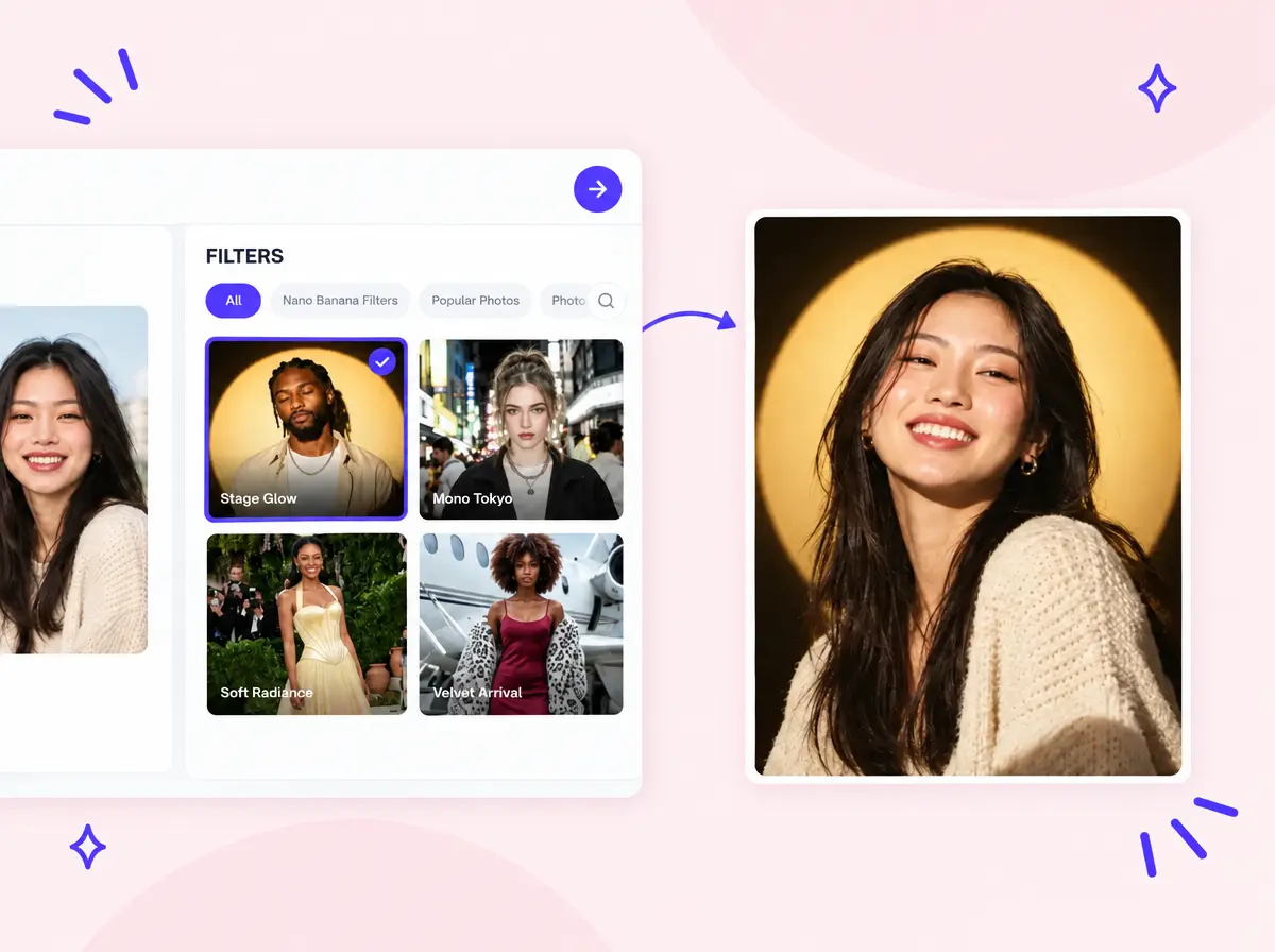 AI photo filters panel turning a casual portrait into a Stage Glow editorial photo