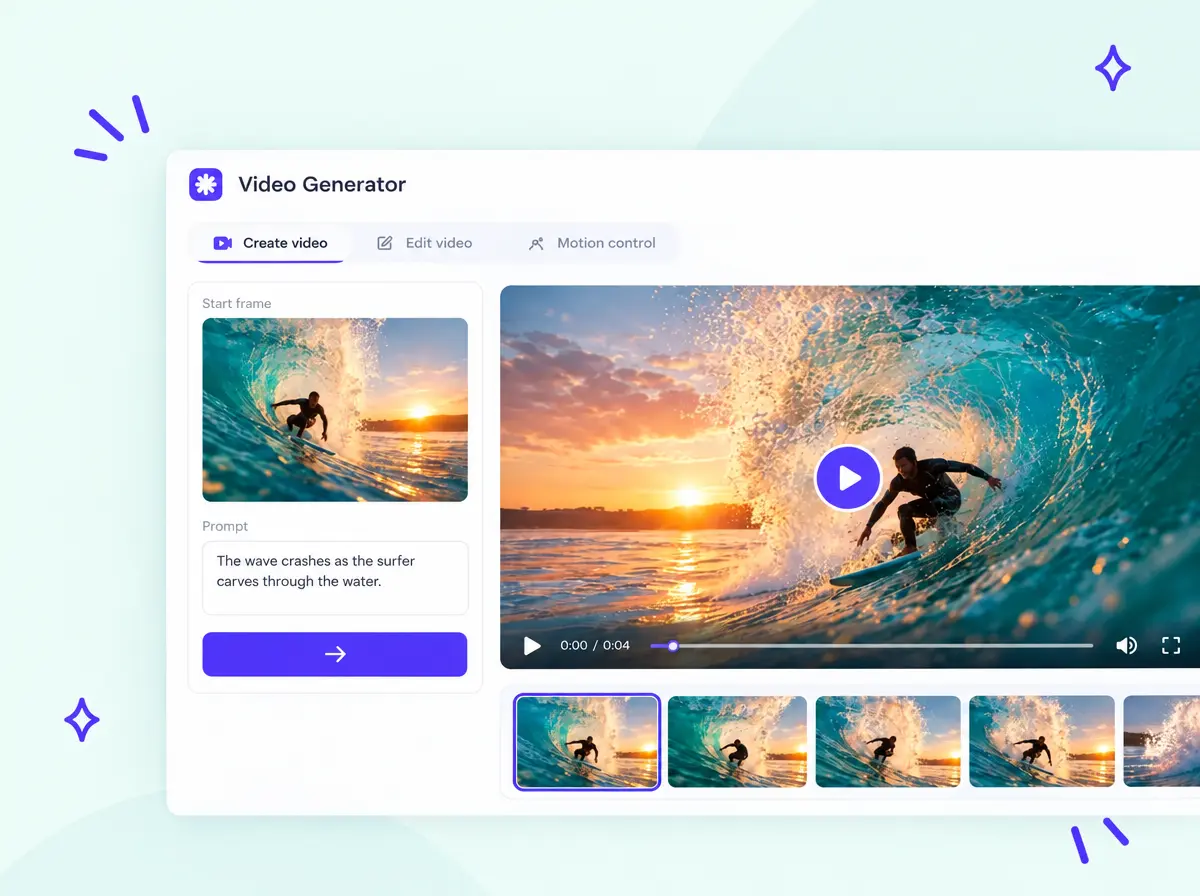 Generated surfer image turned into a video in the Overchat AI video generator